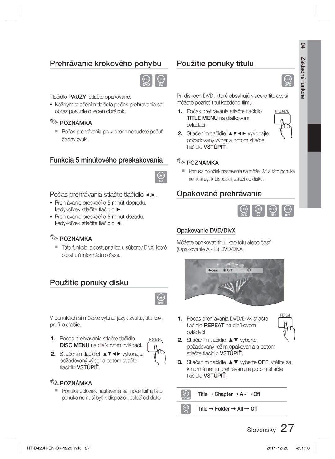 Samsung HT-D423H/XE, HT-D423H/EN Prehrávanie krokového pohybu, Funkcia 5 minútového preskakovania, Použitie ponuky titulu 