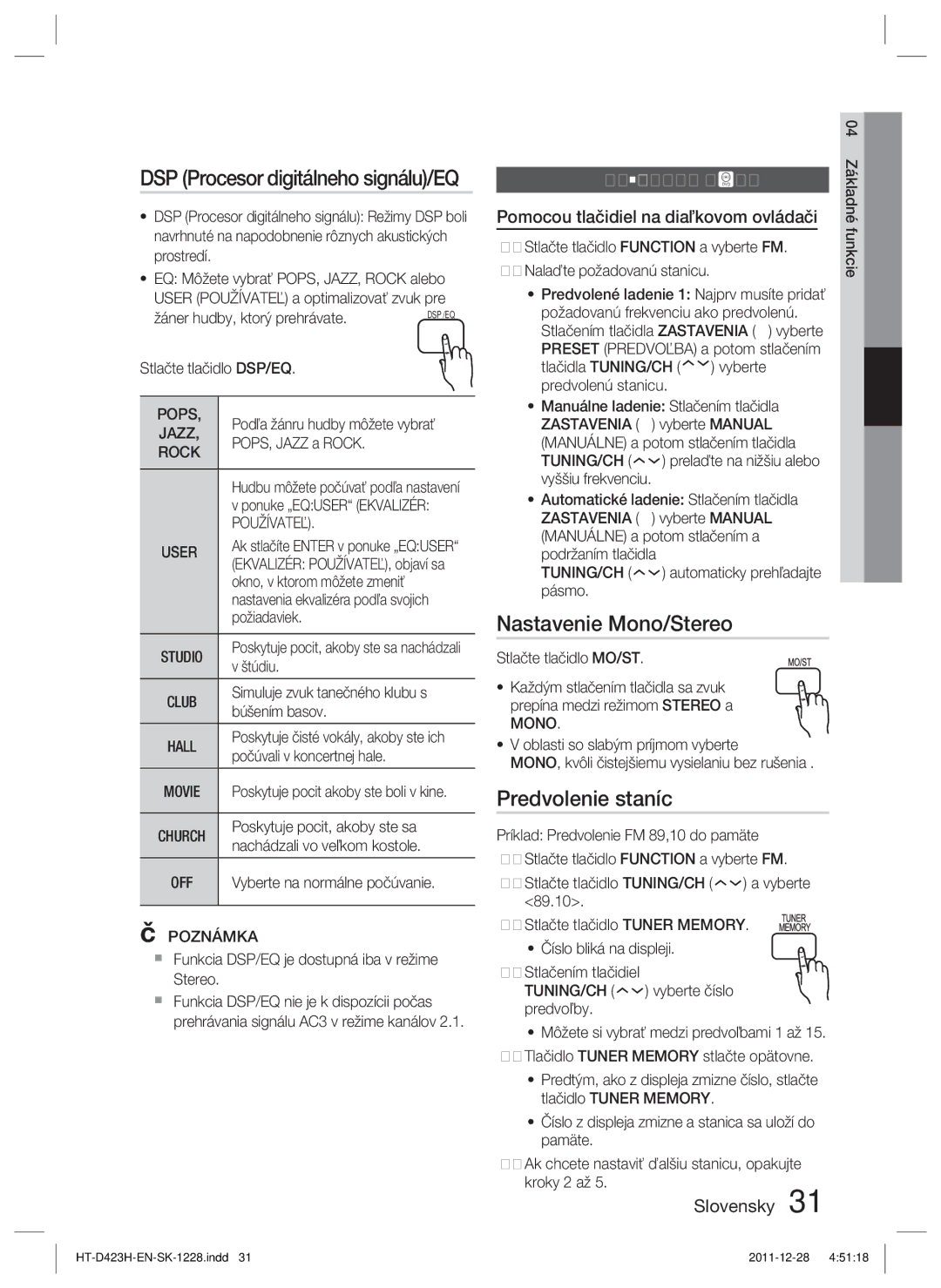 Samsung HT-D423H/XE manual Nastavenie Mono/Stereo, Predvolenie staníc, DSP Procesor digitálneho signálu/EQ, Počúvanie rádia 