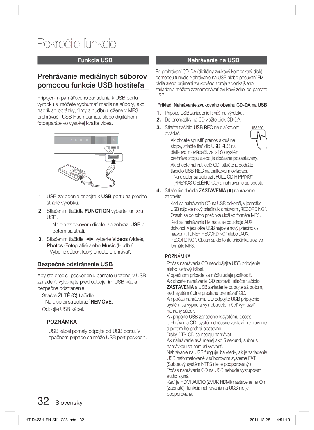 Samsung HT-D423H/EN, HT-D423H/XE manual Pokročilé funkcie, Funkcia USB, Bezpečné odstránenie USB, Nahrávanie na USB 