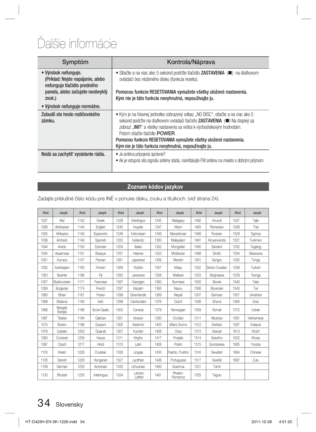 Samsung HT-D423H/EN, HT-D423H/XE manual Zoznam kódov jazykov 