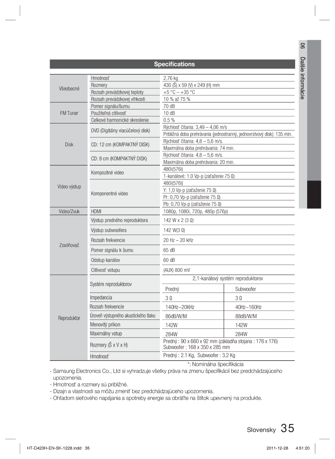 Samsung HT-D423H/XE, HT-D423H/EN manual Speciﬁcations, Reproduktor, Systém reproduktorov Impedancia Rozsah frekvencie 