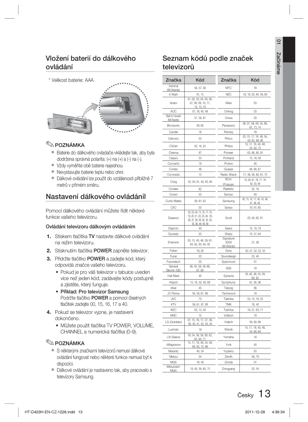 Samsung HT-D423H/EN manual Vložení baterií do dálkového ovládání, Nastavení dálkového ovládáníl, Seznam kódů podle značek 