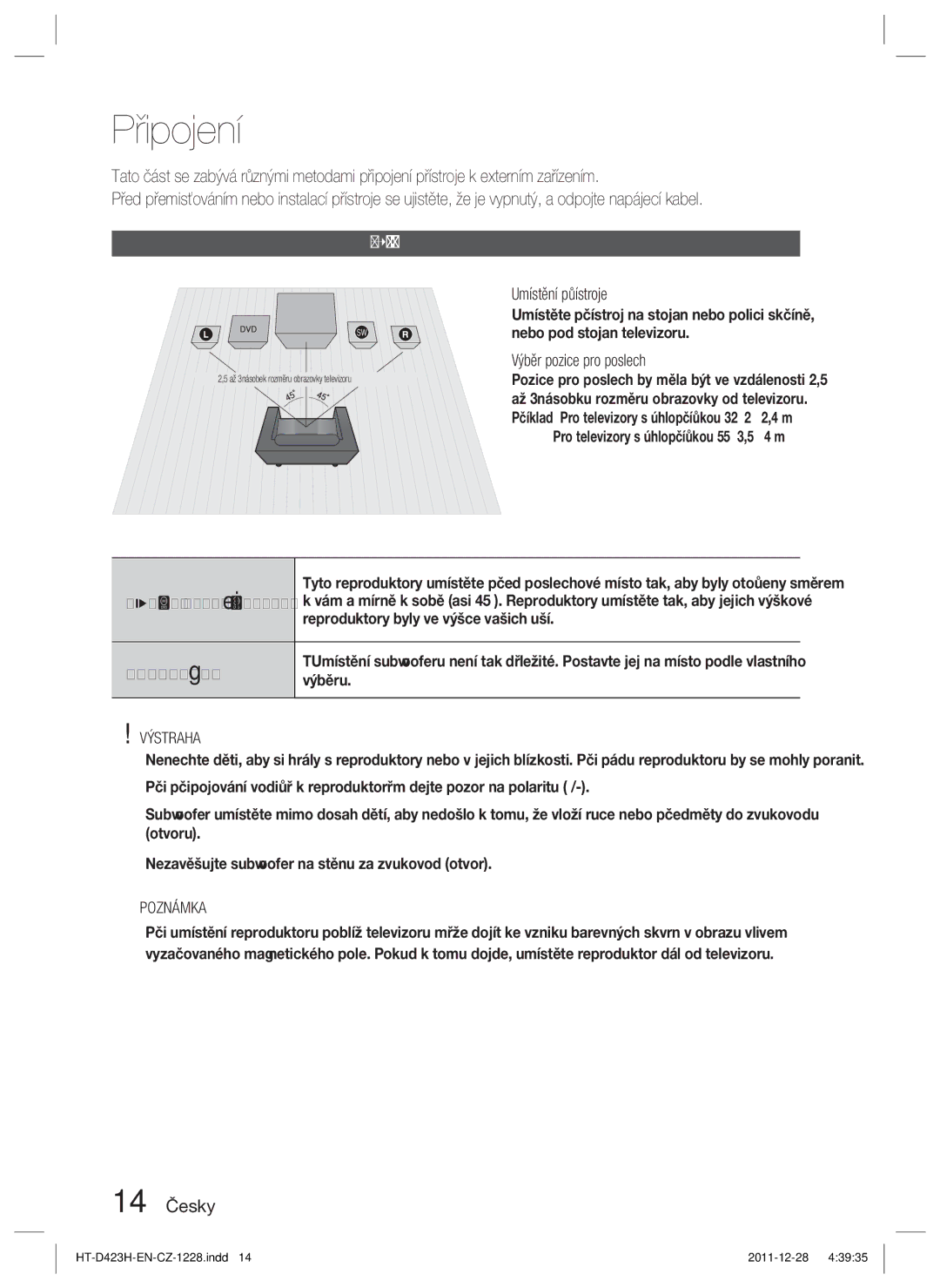 Samsung HT-D423H/XE, HT-D423H/EN manual Připojení reproduktorů, 14 Česky, Výstraha 