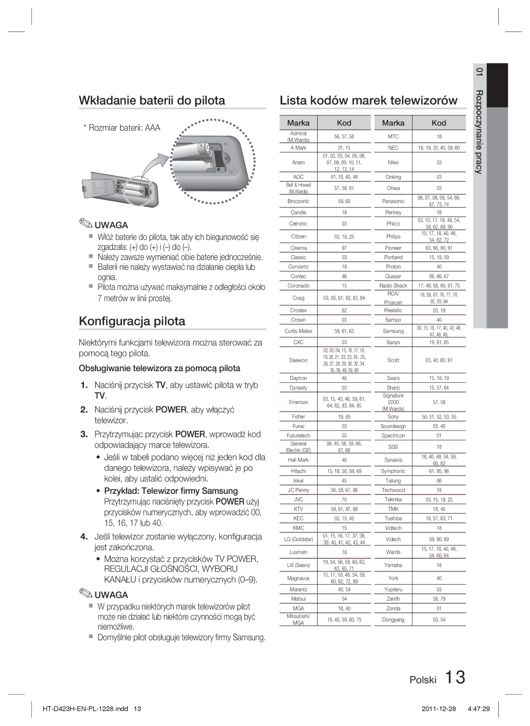 Samsung HT-D423H/XE Wkładanie baterii do pilota, Konﬁguracja pilota, Lista kodów marek telewizorów, Rozmiar baterii AAA 