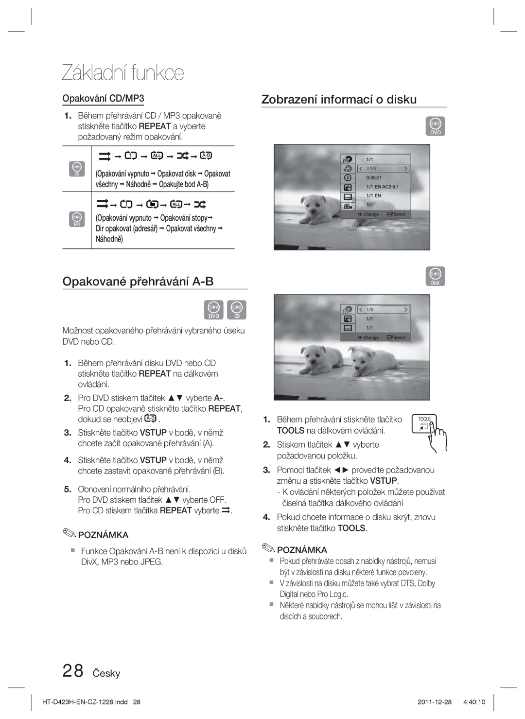 Samsung HT-D423H/XE, HT-D423H/EN manual Zobrazení informací o disku, Opakované přehrávání A-B, Opakování CD/MP3, 28 Česky 