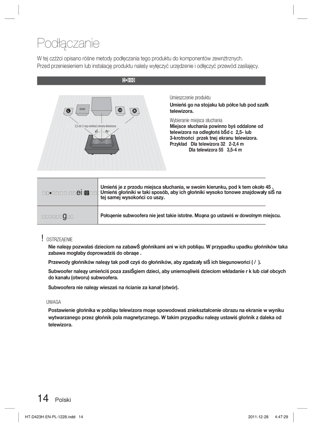 Samsung HT-D423H/EN, HT-D423H/XE manual Podłączanie głośników, Ostrzeżenie 