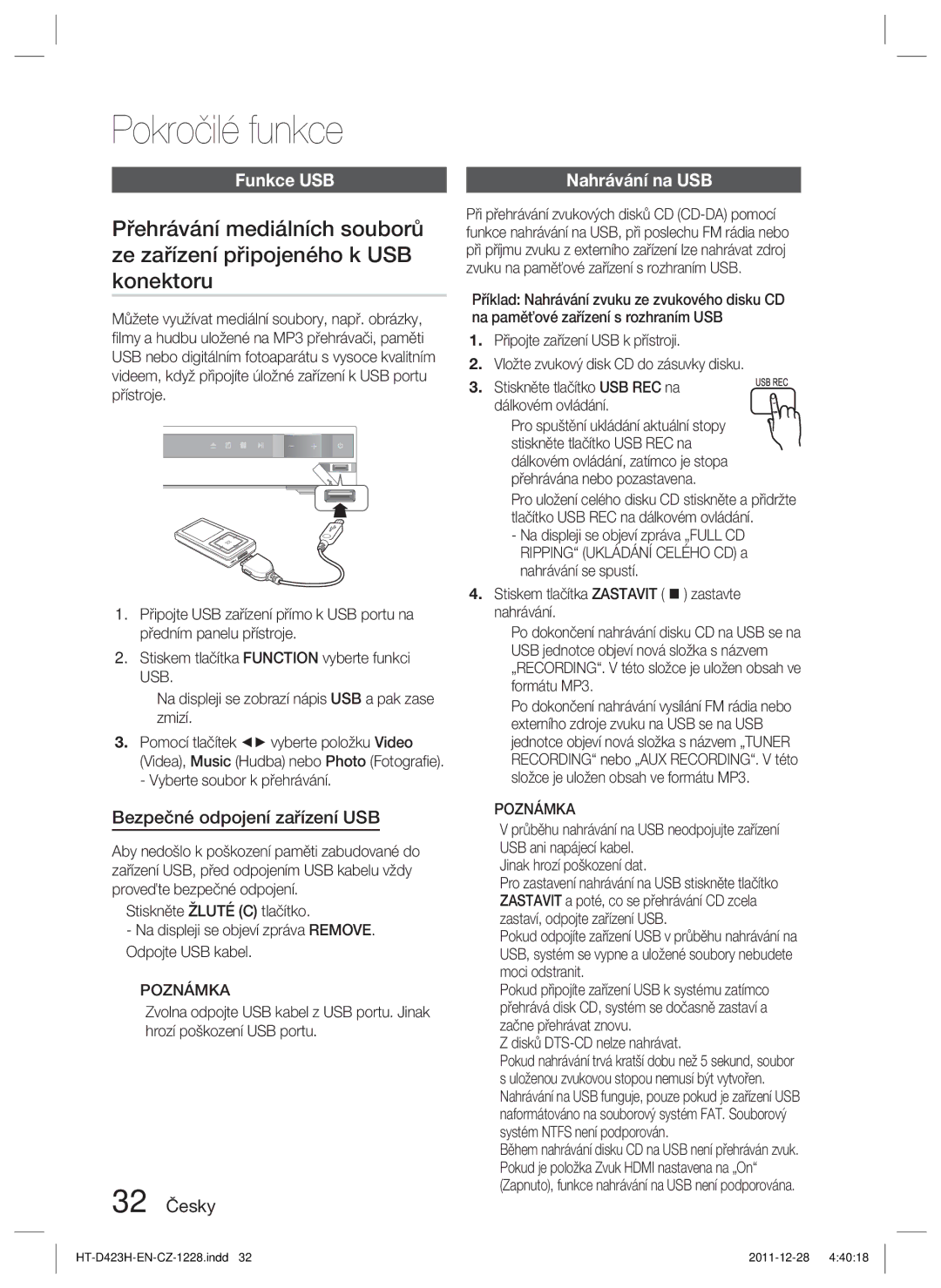 Samsung HT-D423H/XE, HT-D423H/EN manual Pokročilé funkce, Funkce USB, Bezpečné odpojení zařízení USB, 32 Česky 