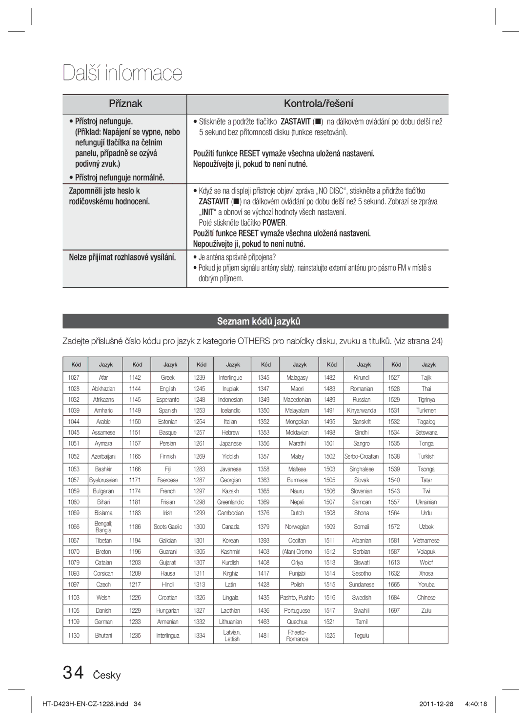 Samsung HT-D423H/XE, HT-D423H/EN manual Seznam kódů jazyků, 34 Česky 