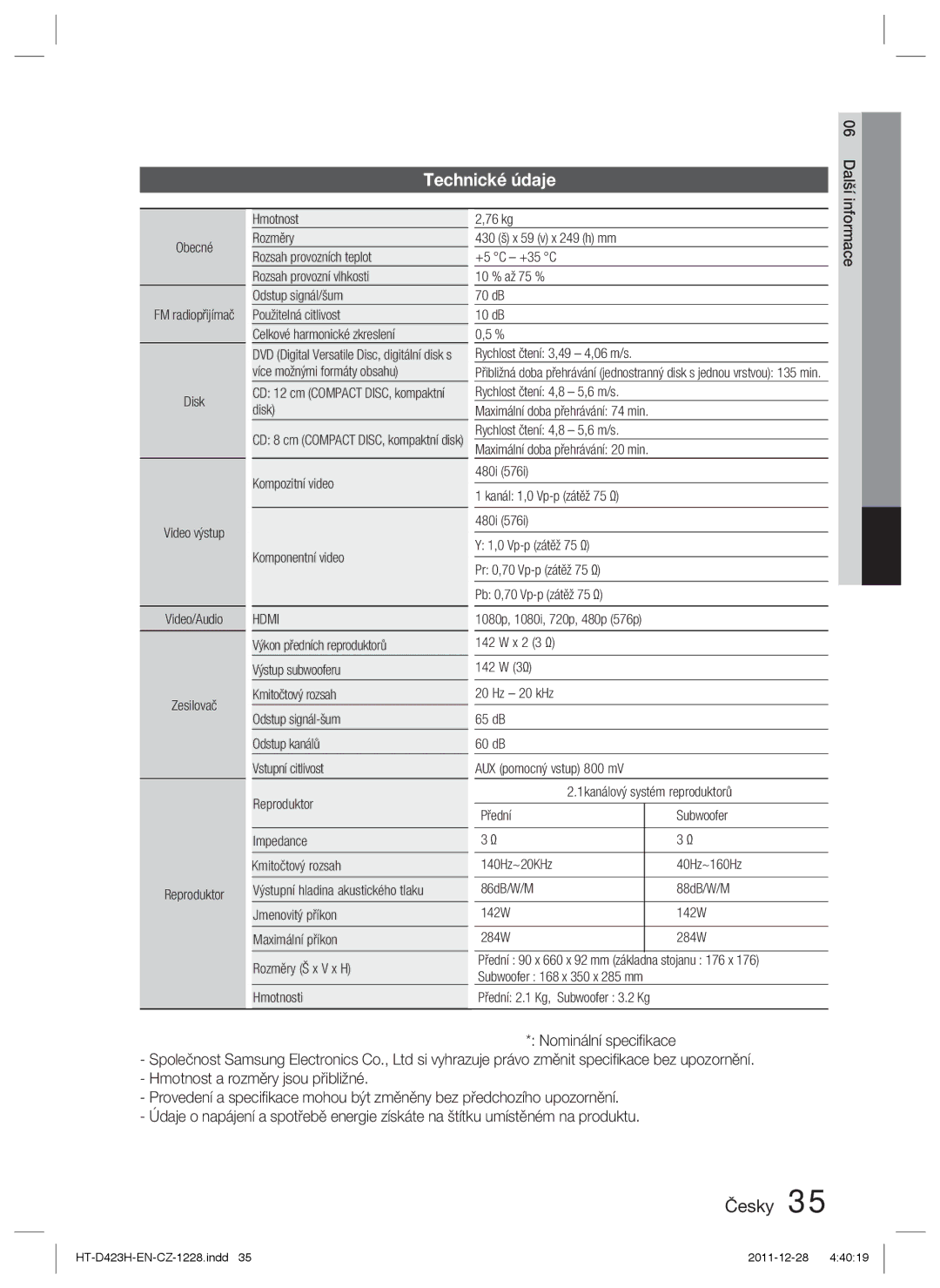 Samsung HT-D423H/EN, HT-D423H/XE manual Technické údaje, 06 Další, Informace, Hdmi 