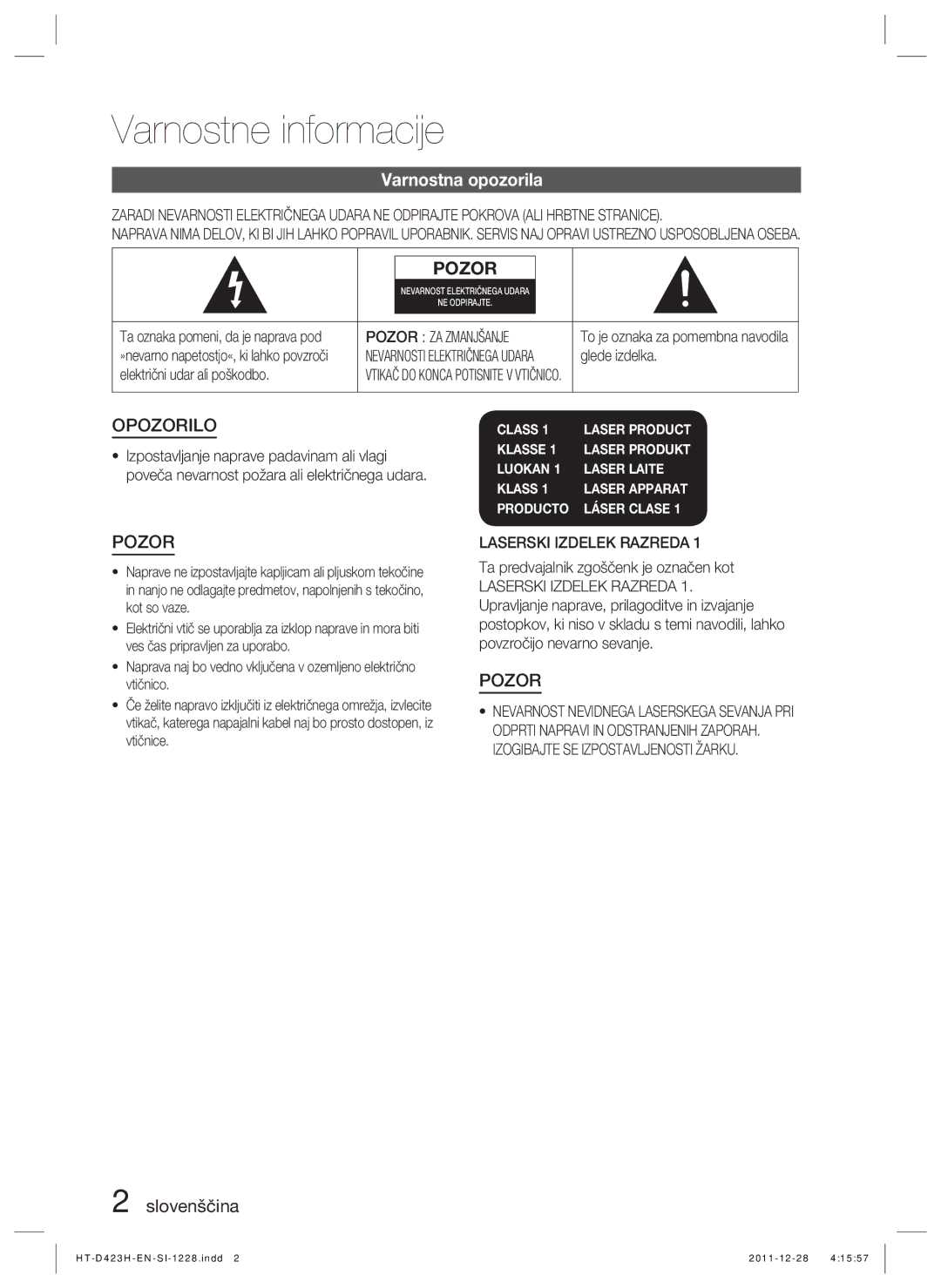 Samsung HT-D423H/EN Varnostne informacije, Varnostna opozorila, Slovenščina, Pozor ZA Zmanjšanje, Laserski Izdelek Razreda 