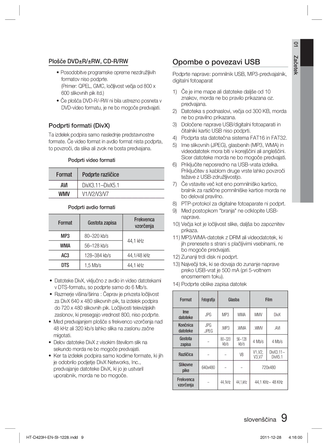 Samsung HT-D423H/XE manual Opombe o povezavi USB, Plošče DVD±R/±RW, CD-R/RW, Podprti formati DivX, Podprti video formati 