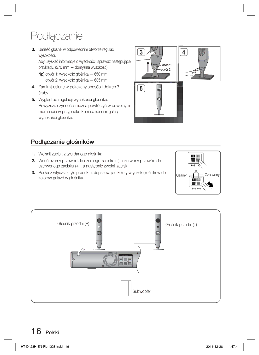 Samsung HT-D423H/EN manual Podłączanie głośników, Umieść głośnik w odpowiednim otworze regulacji wysokości, Czarny Czerwony 