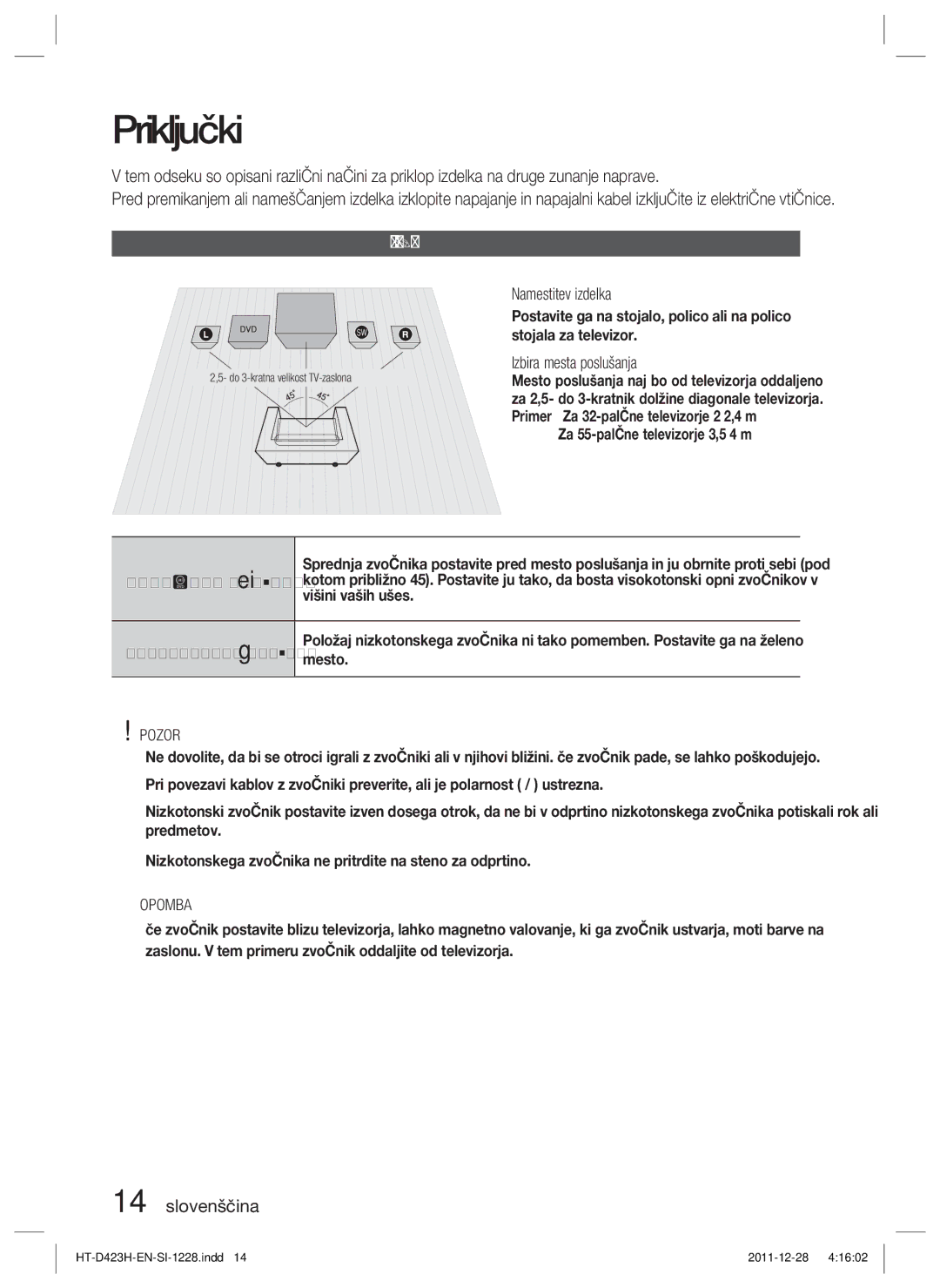 Samsung HT-D423H/EN, HT-D423H/XE manual Priključki, Priklop zvočnikov, Pozor 