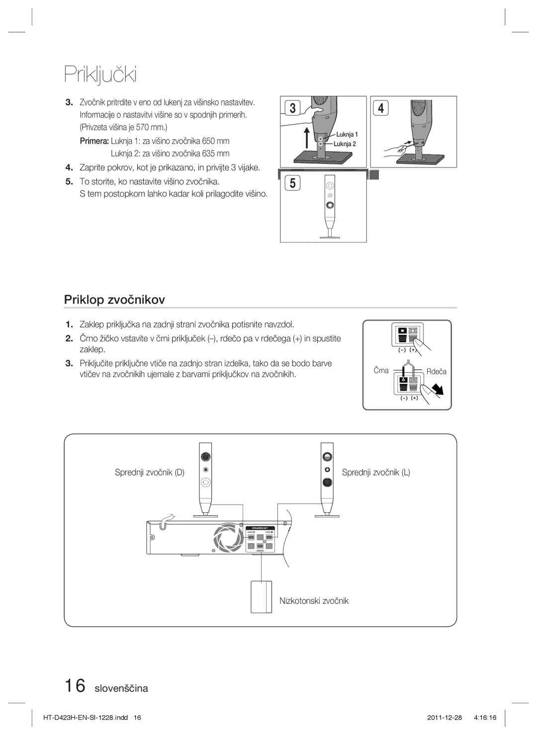 Samsung HT-D423H/EN, HT-D423H/XE manual Priklop zvočnikov, Sprednji zvočnik D Sprednji zvočnik L Nizkotonski zvočnik, Rdeča 