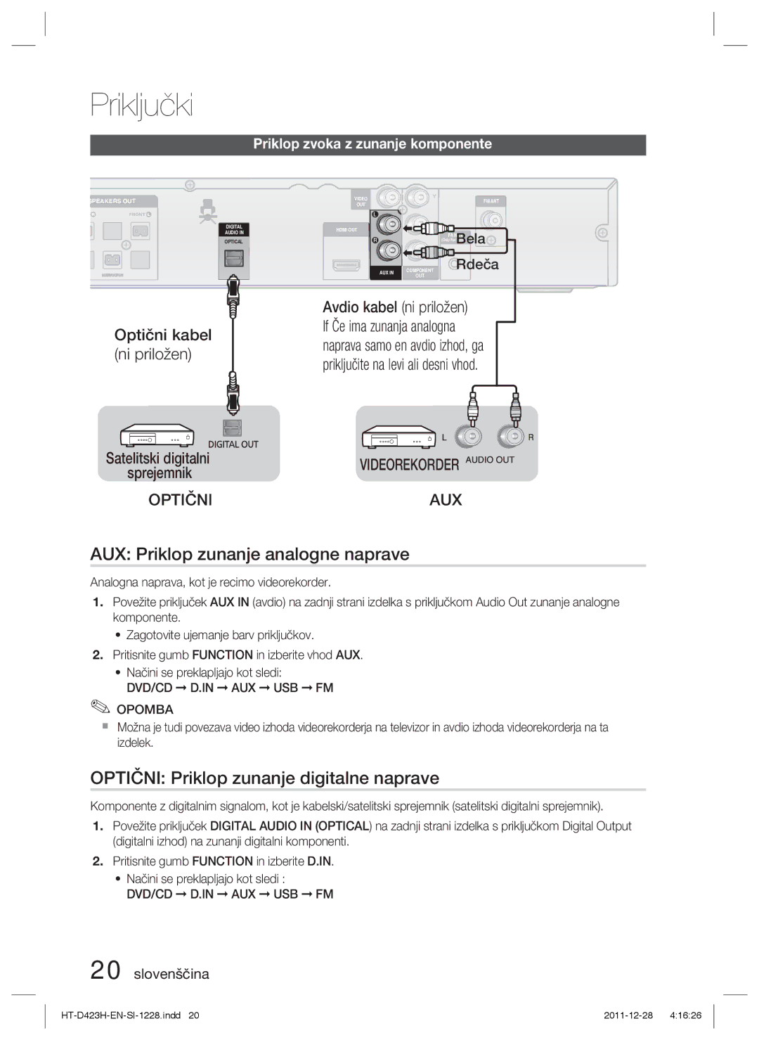 Samsung HT-D423H/EN, HT-D423H/XE AUX Priklop zunanje analogne naprave, Optični Priklop zunanje digitalne naprave, Rdeča 