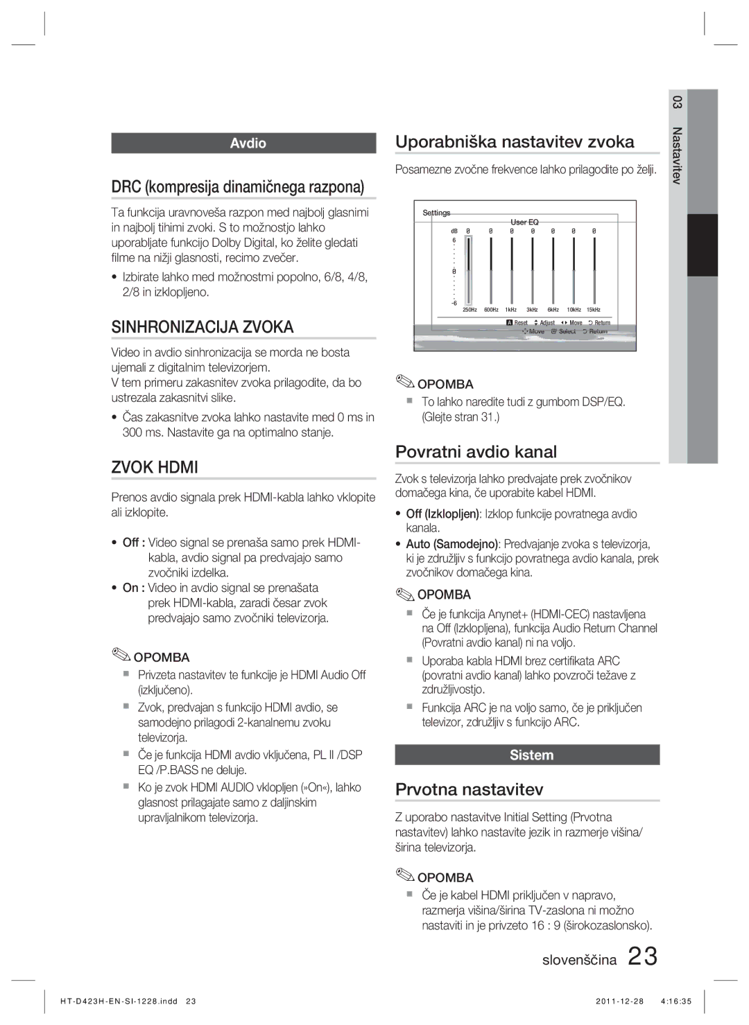 Samsung HT-D423H/XE, HT-D423H/EN manual Sinhronizacija Zvoka, Zvok Hdmi, Uporabniška nastavitev zvoka, Povratni avdio kanal 