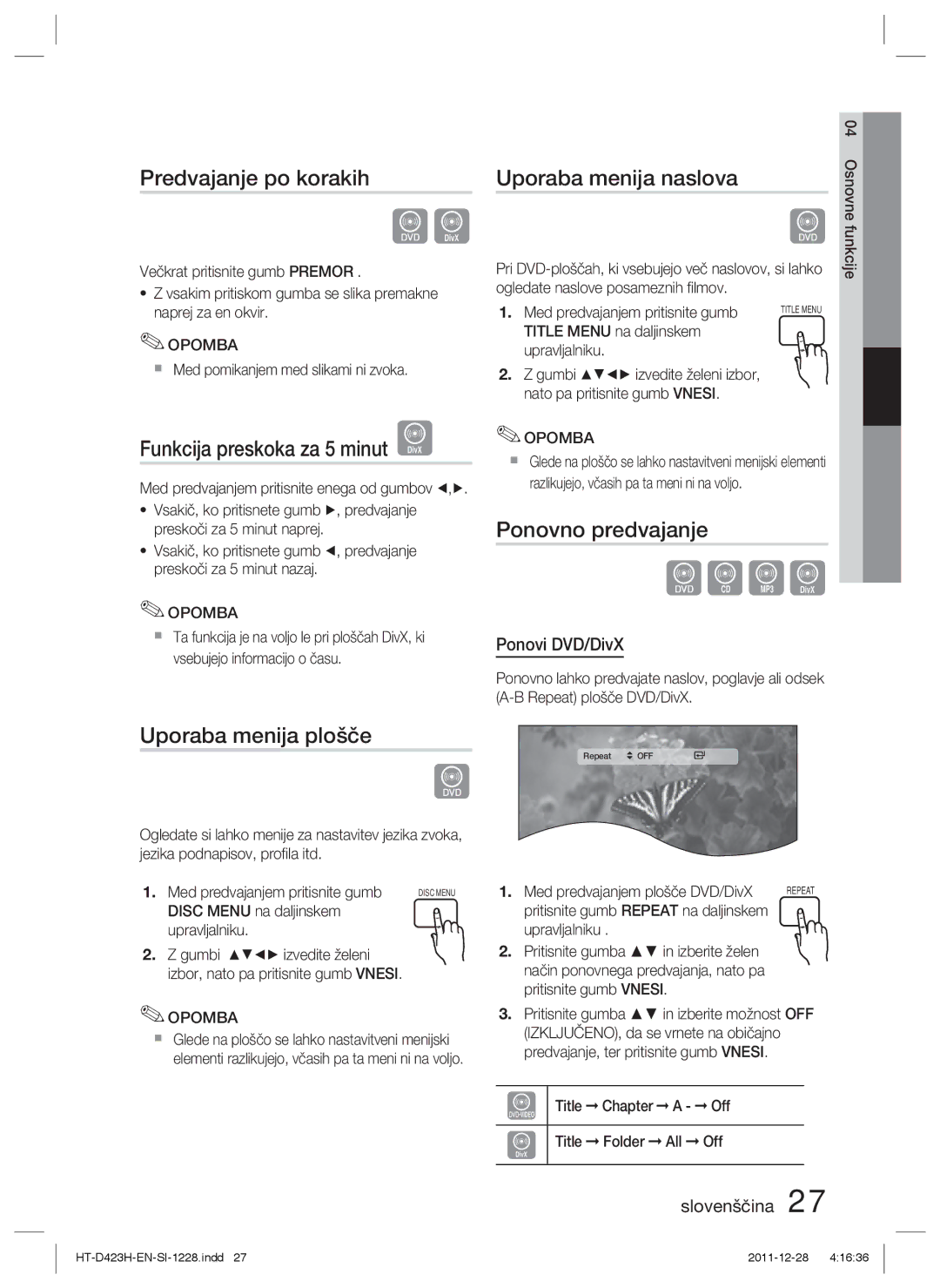 Samsung HT-D423H/XE Predvajanje po korakih, Funkcija preskoka za 5 minut D, Uporaba menija naslova, Ponovno predvajanje 