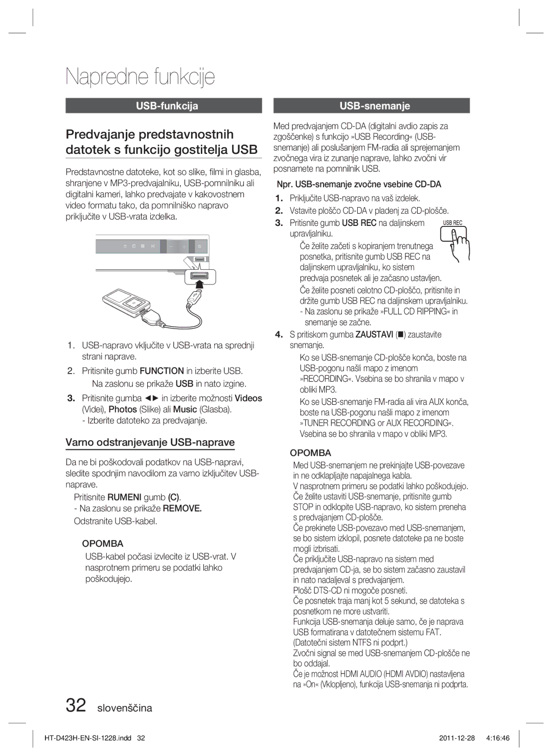 Samsung HT-D423H/EN, HT-D423H/XE manual Napredne funkcije, USB-funkcija, Varno odstranjevanje USB-naprave, USB-snemanje 