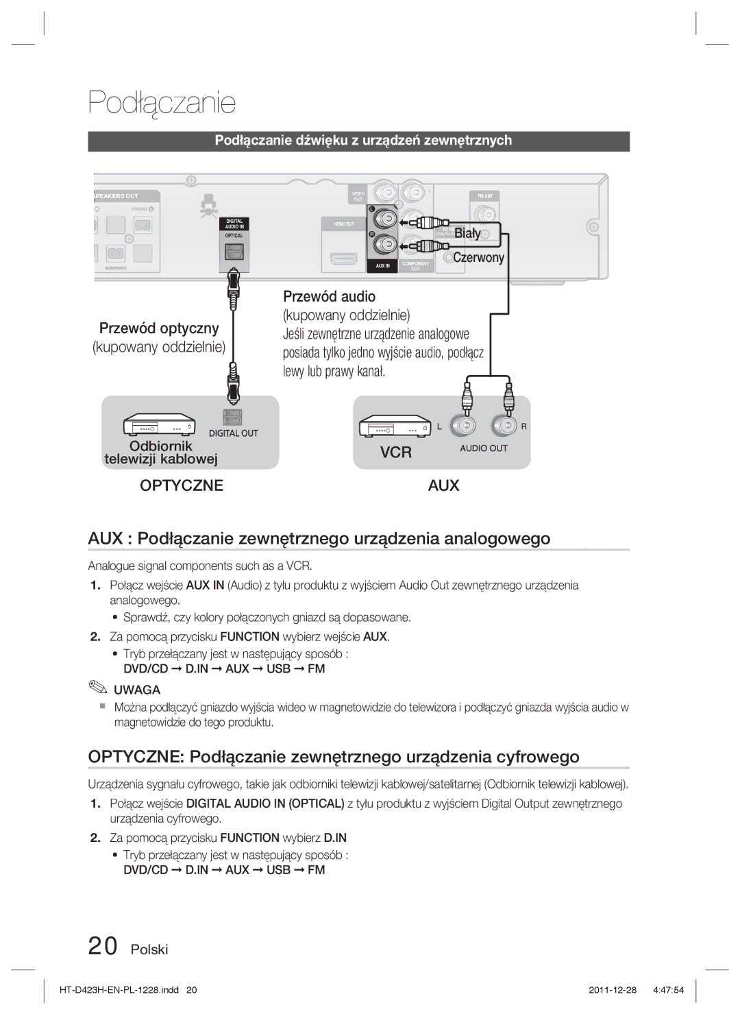 Samsung HT-D423H/EN manual AUX Podłączanie zewnętrznego urządzenia analogowego, Podłączanie dźwięku z urządzeń zewnętrznych 