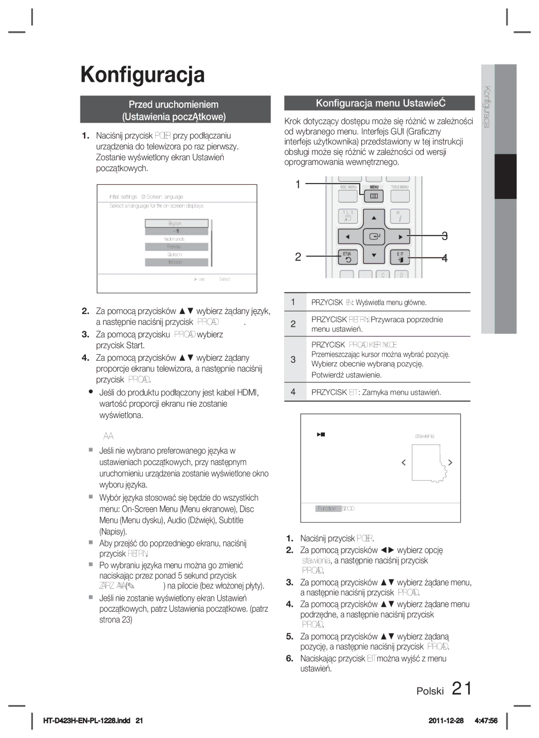 Samsung HT-D423H/XE, HT-D423H/EN manual Przed uruchomieniem Ustawienia początkowe, Konﬁguracja menu Ustawień, Wprowadź 