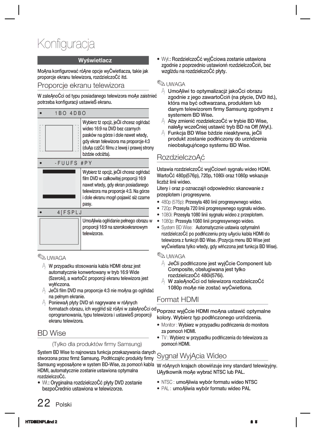 Samsung HT-D423H/EN, HT-D423H/XE Proporcje ekranu telewizora, BD Wise, Rozdzielczość, Format Hdmi, Sygnał Wyjścia Wideo 