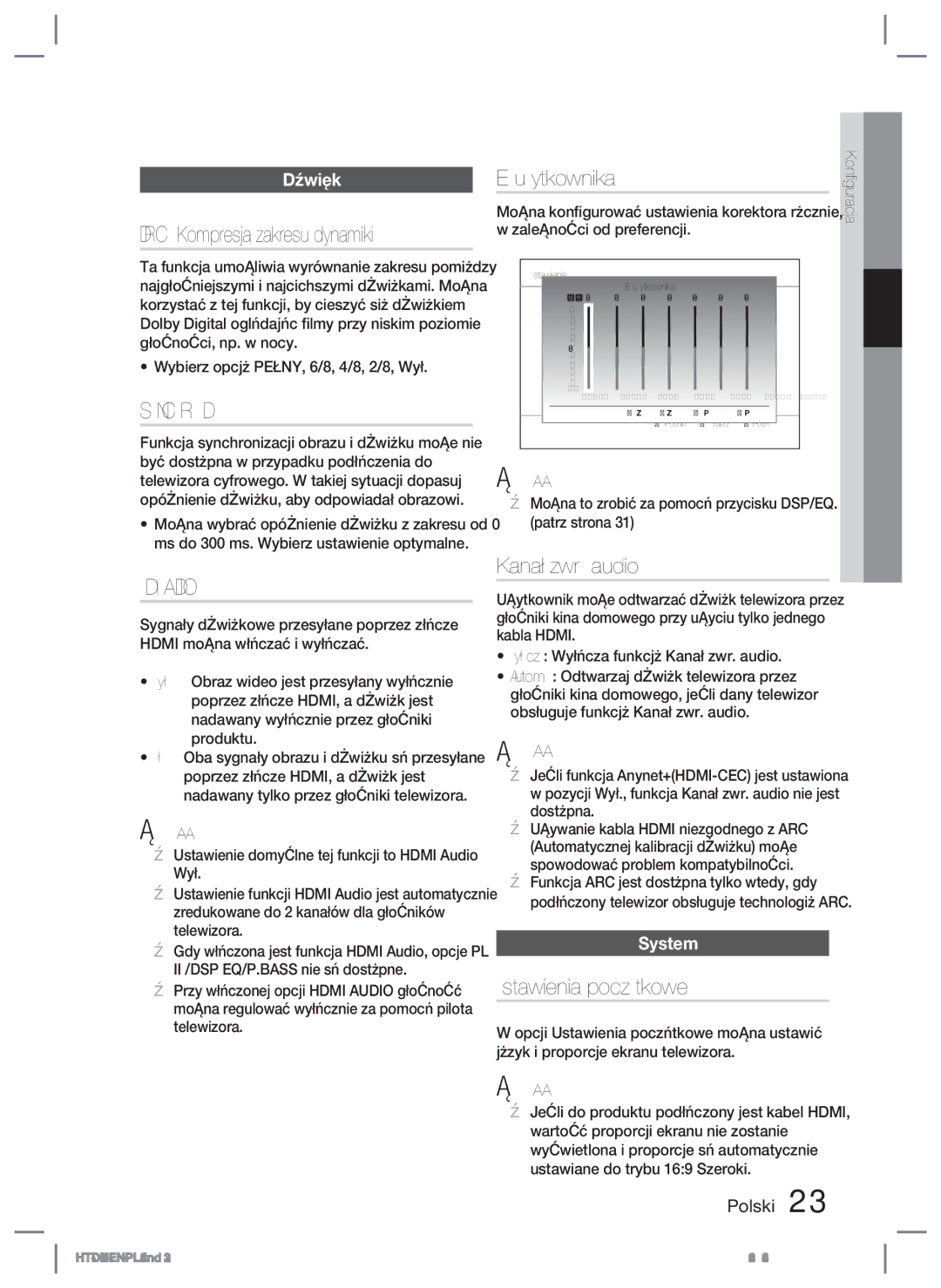 Samsung HT-D423H/XE, HT-D423H/EN manual Synchr. Dźw, Hdmi Audio 