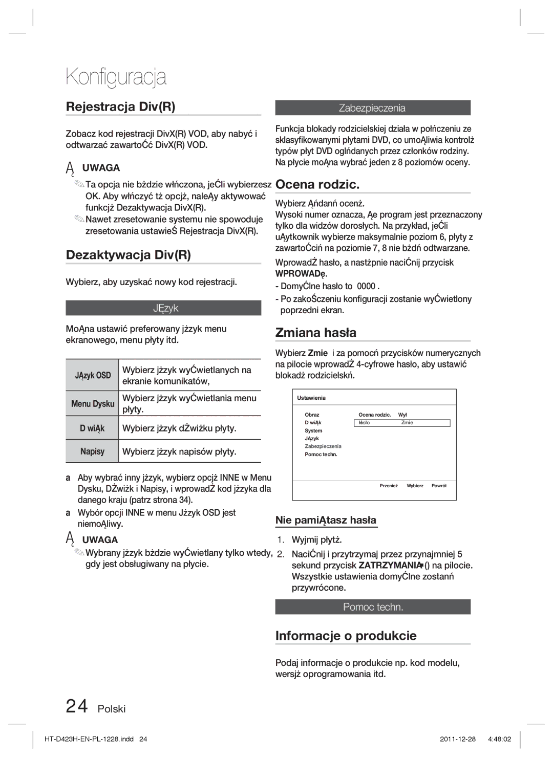 Samsung HT-D423H/EN, HT-D423H/XE Rejestracja DivXR, Dezaktywacja DivXR, Ocena rodzic, Zmiana hasła, Informacje o produkcie 