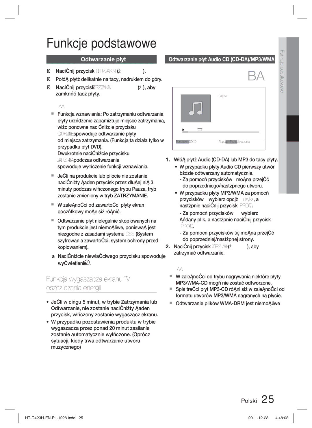 Samsung HT-D423H/XE, HT-D423H/EN manual Funkcja wygaszacza ekranu TV/ oszczędzania energii, Odtwarzanie płyt 