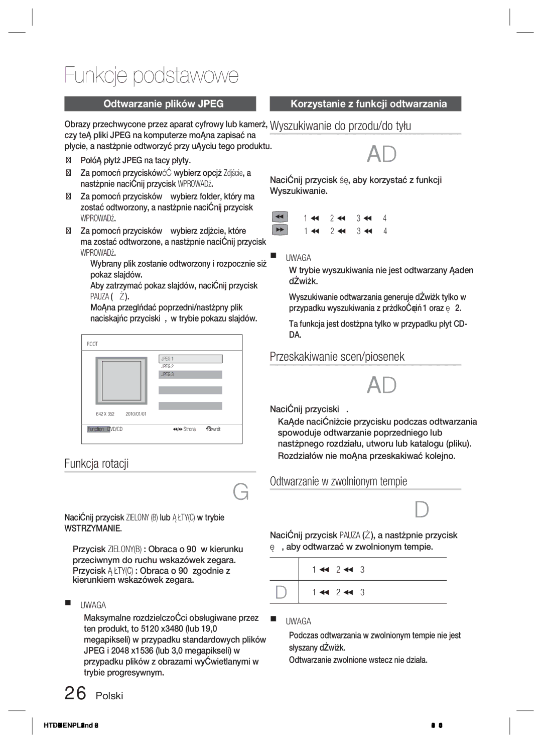 Samsung HT-D423H/EN, HT-D423H/XE manual Funkcja rotacji, Wyszukiwanie do przodu/do tyłu, Przeskakiwanie scen/piosenek 