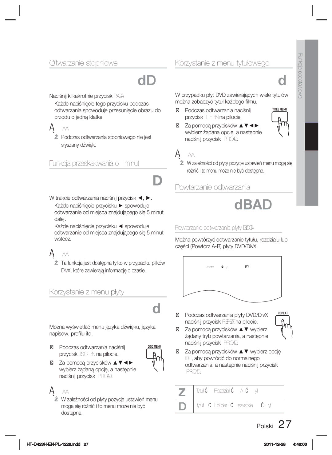 Samsung HT-D423H/XE, HT-D423H/EN manual Odtwarzanie stopniowe, Funkcja przeskakiwania o 5 minut, Korzystanie z menu płyty 