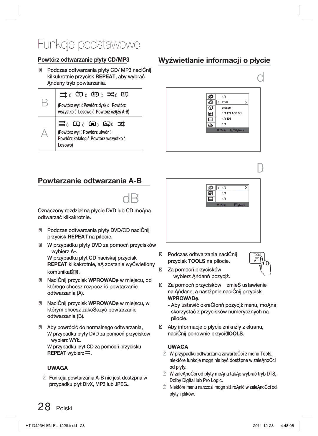 Samsung HT-D423H/EN manual Wyświetlanie informacji o płycie, Powtarzanie odtwarzania A-B, Powtórz odtwarzanie płyty CD/MP3 