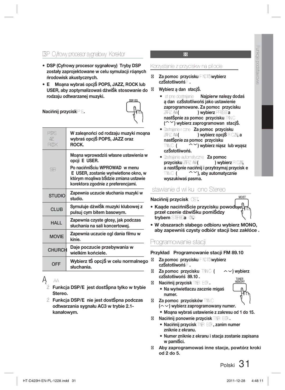 Samsung HT-D423H/XE manual Ustawianie dźwięku Mono/Stereo, Programowanie stacji, DSP Cyfrowy procesor sygnałowy/Korektor 