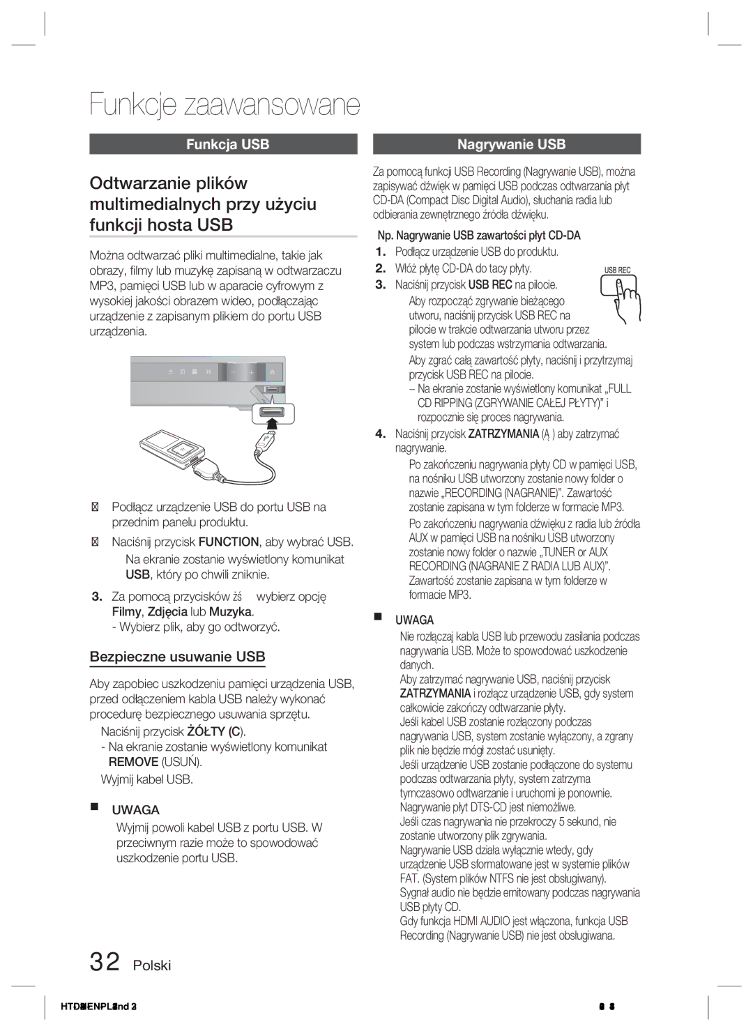 Samsung HT-D423H/EN manual Funkcja USB, Bezpieczne usuwanie USB, Nagrywanie USB,  Nagrywanie płyt DTS-CD jest niemożliwe 