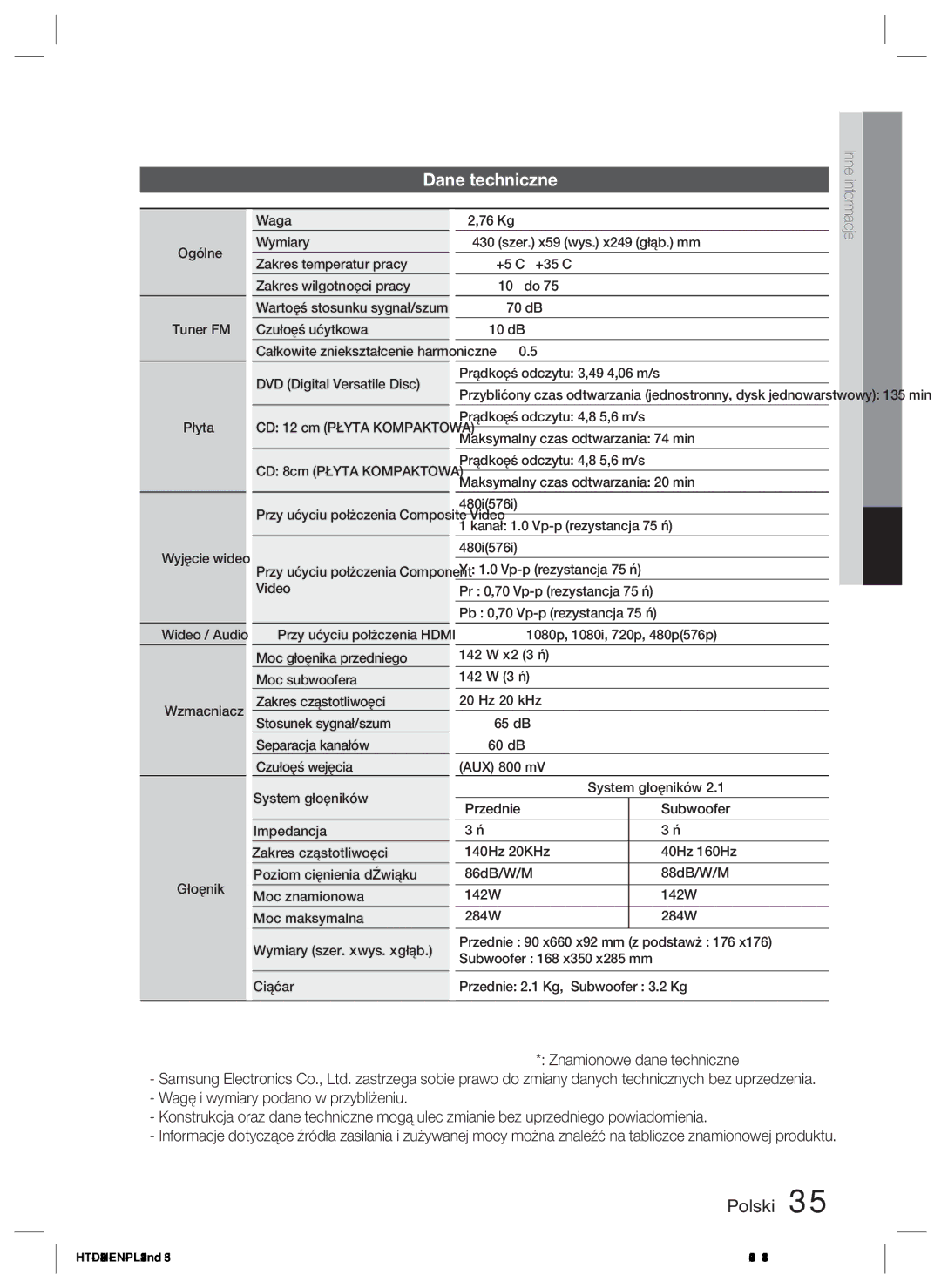 Samsung HT-D423H/XE, HT-D423H/EN manual Dane techniczne, Inne, Informacje 