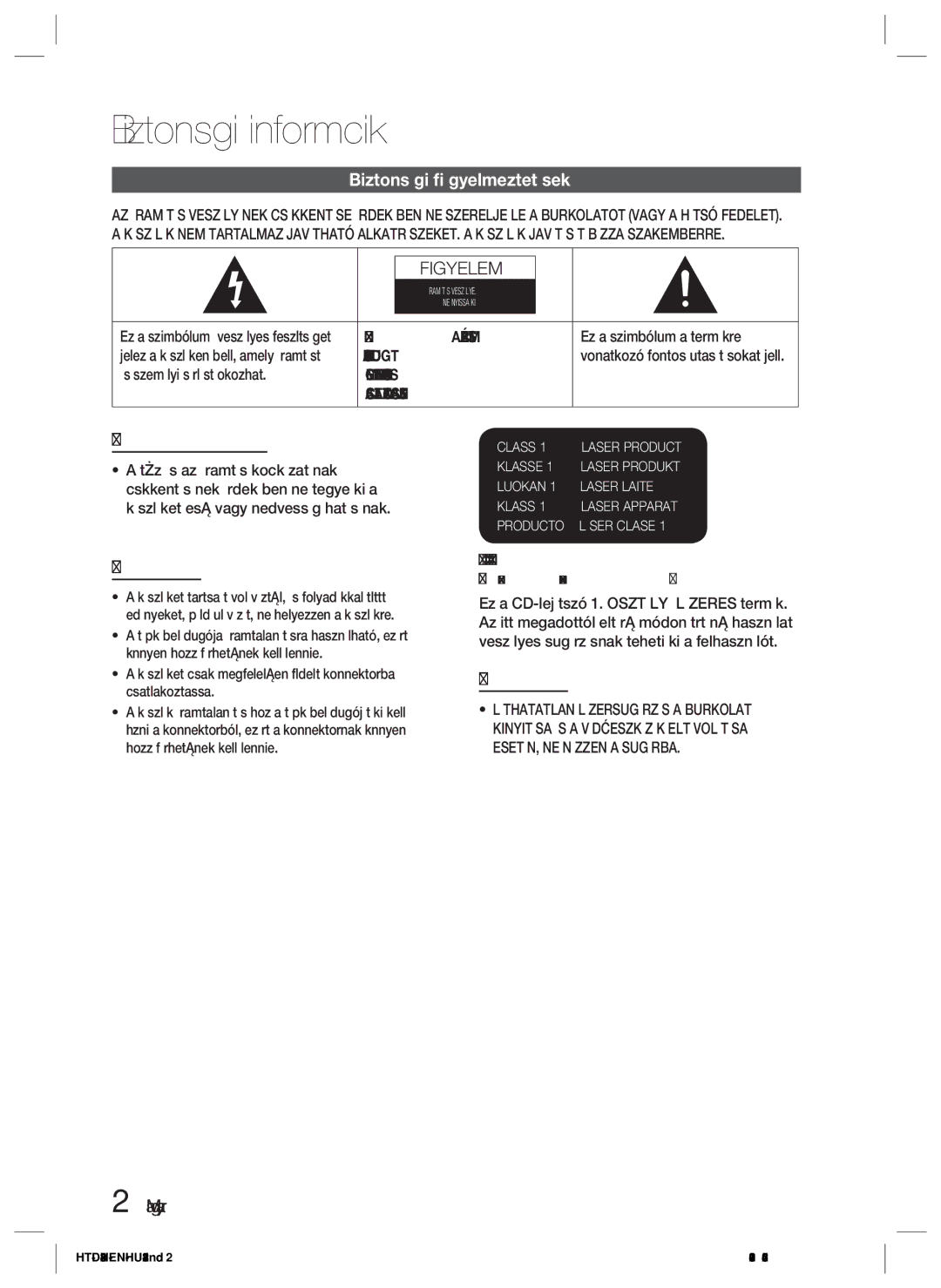 Samsung HT-D423H/XE, HT-D423H/EN manual Biztonsági információk, Biztonsági ﬁgyelmeztetések, Magyar, Figyelem AZ Áramütés 