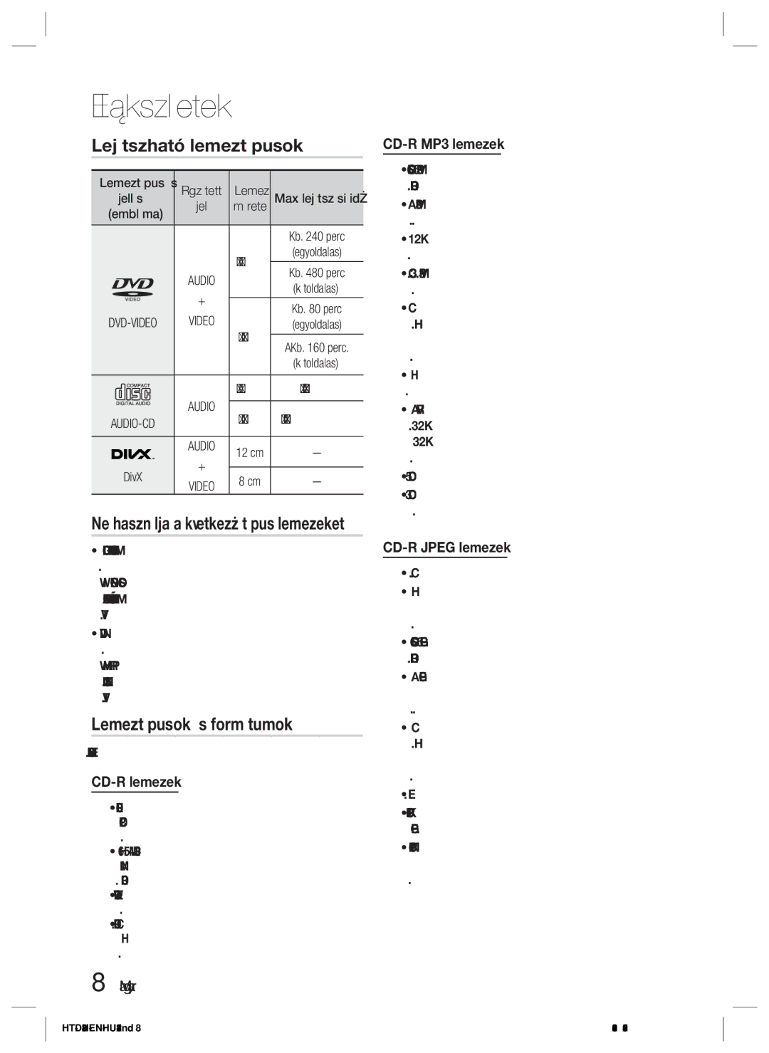 Samsung HT-D423H/XE, HT-D423H/EN manual Lejátszható lemeztípusok, Lemeztípusok és formátumok 