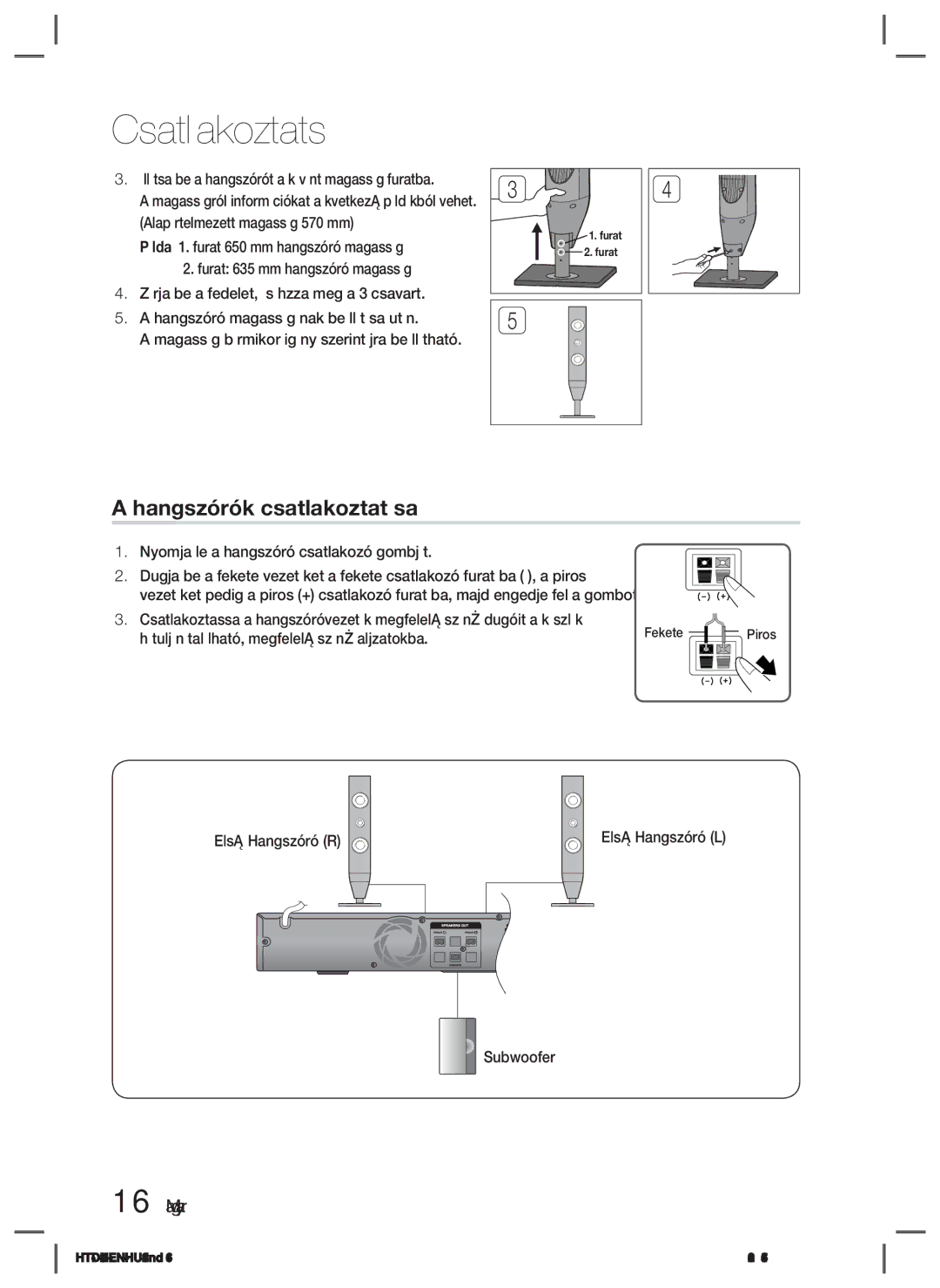 Samsung HT-D423H/XE, HT-D423H/EN manual Hangszórók csatlakoztatása, Nyomja le a hangszóró csatlakozó gombját, Piros 