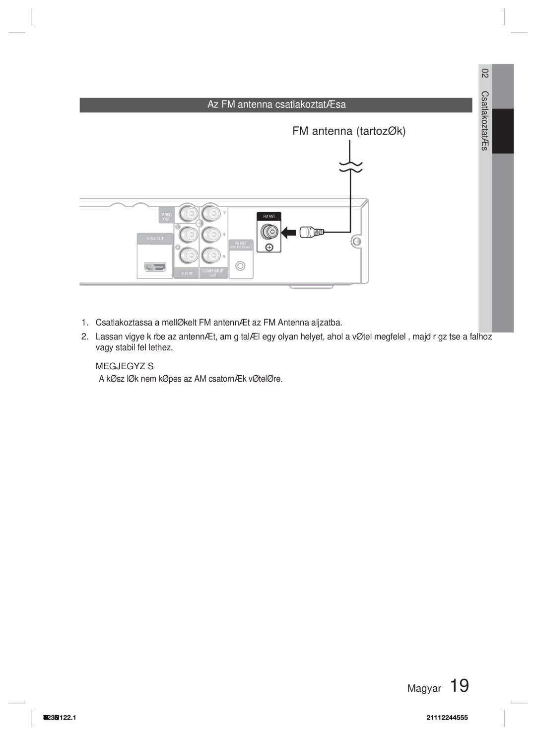 Samsung HT-D423H/EN FM antenna tartozék, Az FM antenna csatlakoztatása,  a készülék nem képes az AM csatornák vételére 