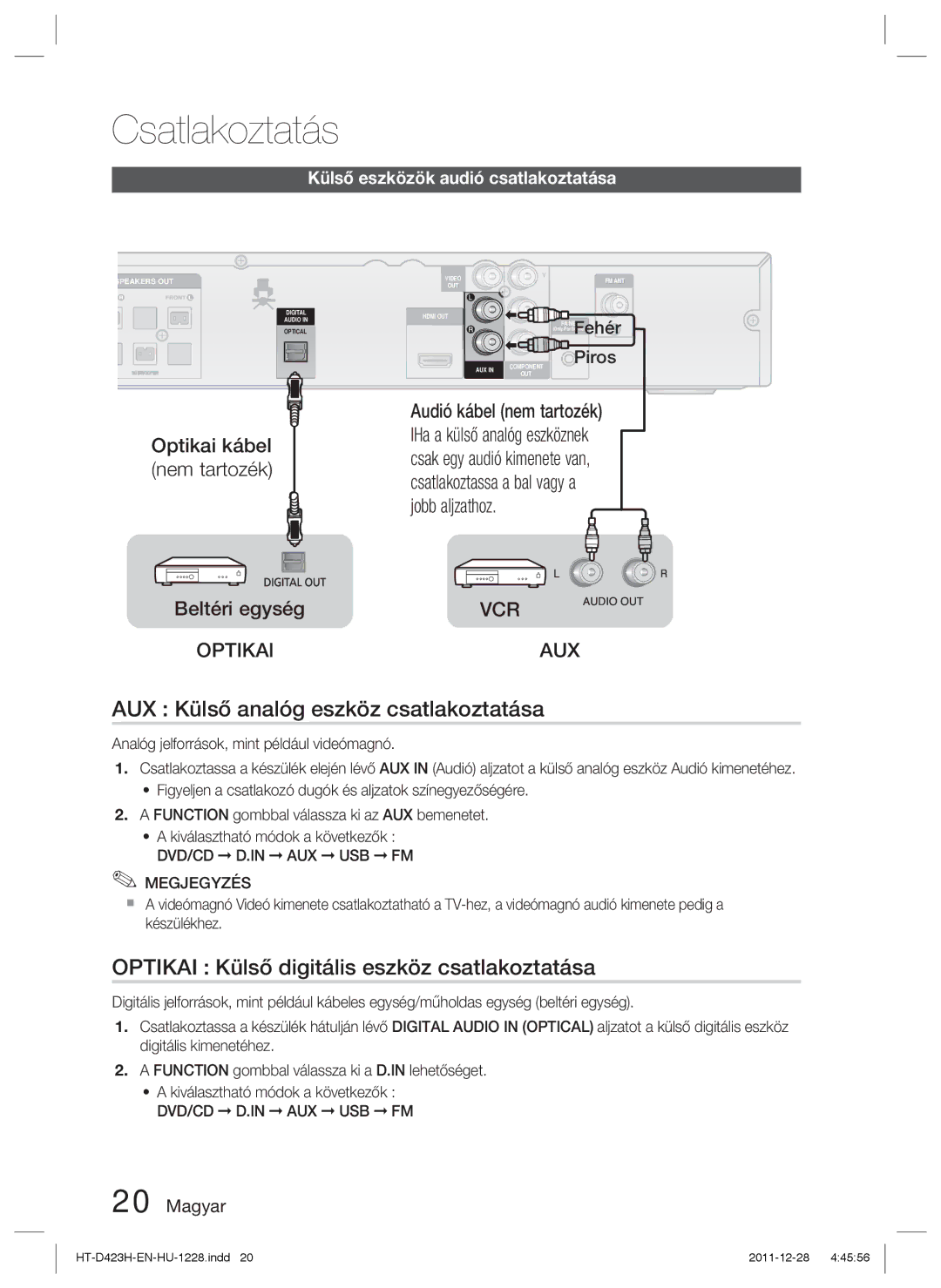 Samsung HT-D423H/XE manual AUX Külső analóg eszköz csatlakoztatása, Optikai Külső digitális eszköz csatlakoztatása, Piros 