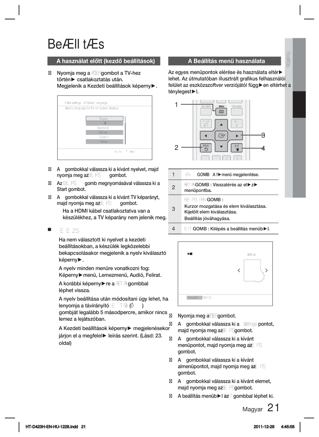 Samsung HT-D423H/EN, HT-D423H/XE manual Beállítás, Használat előtt kezdő beállítások 