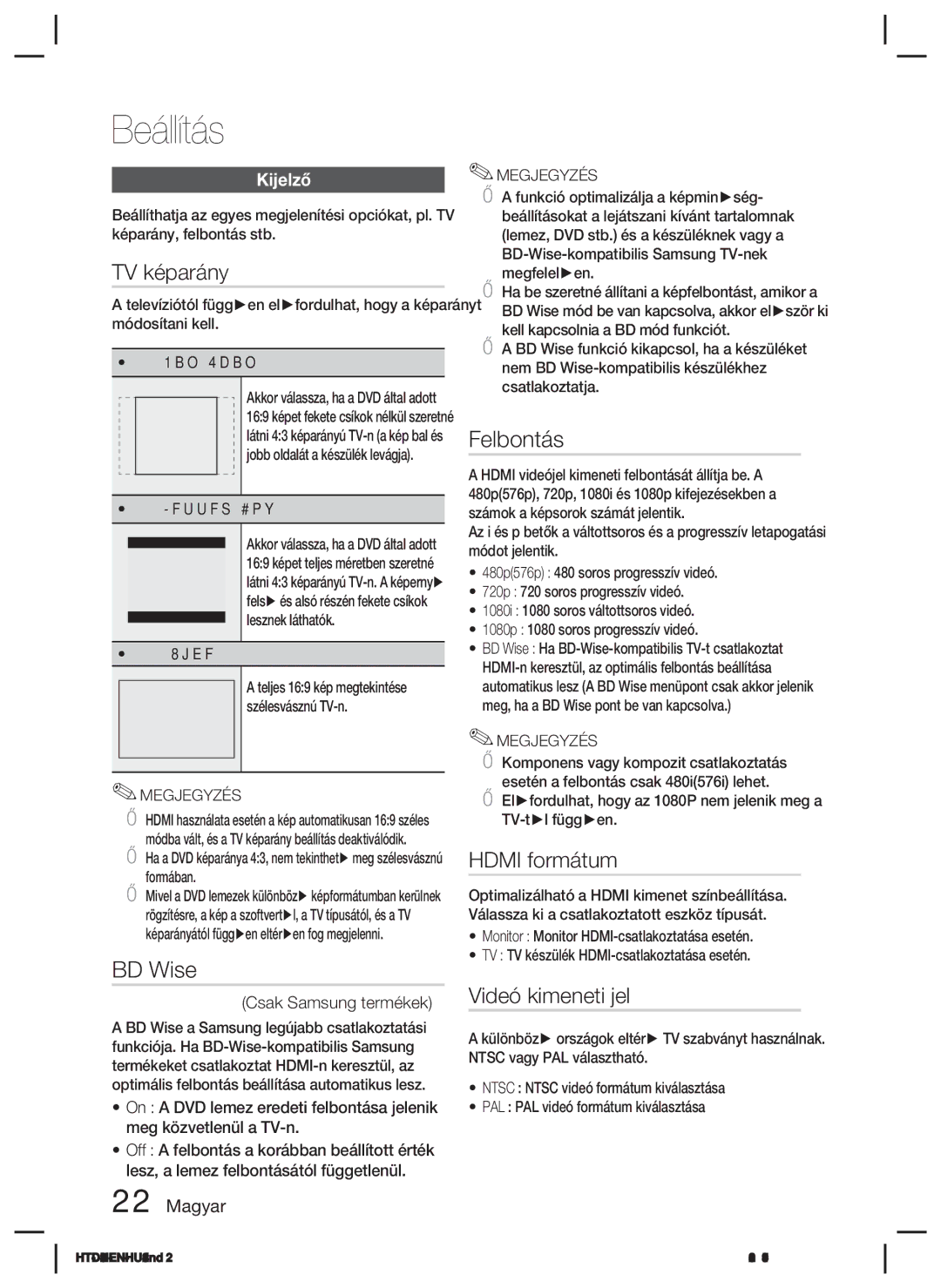 Samsung HT-D423H/XE, HT-D423H/EN manual TV képarány, Felbontás, Hdmi formátum, Videó kimeneti jel, Kijelző 