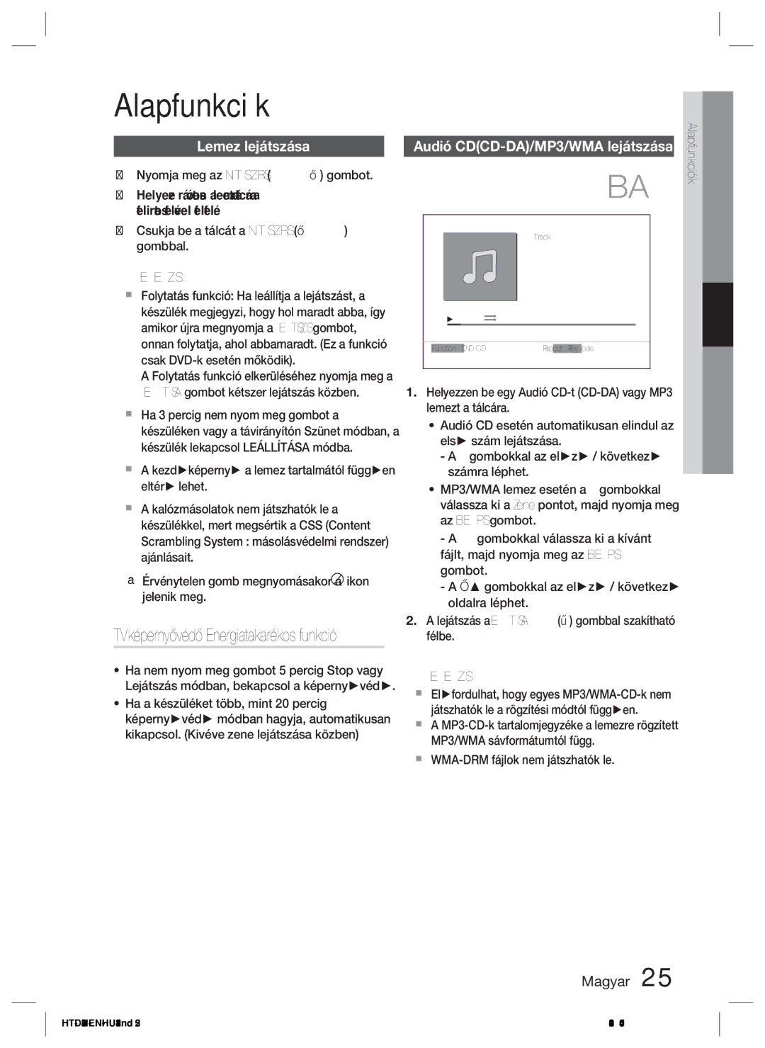 Samsung HT-D423H/EN, HT-D423H/XE manual Alapfunkciók, Lemez lejátszása, TV képernyővédő/Energiatakarékos funkció 