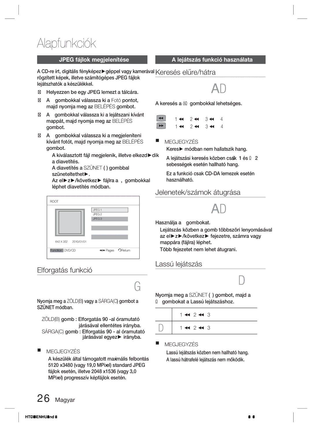 Samsung HT-D423H/XE, HT-D423H/EN manual Keresés előre/hátra, Jelenetek/számok átugrása, Elforgatás funkció, Lassú lejátszás 