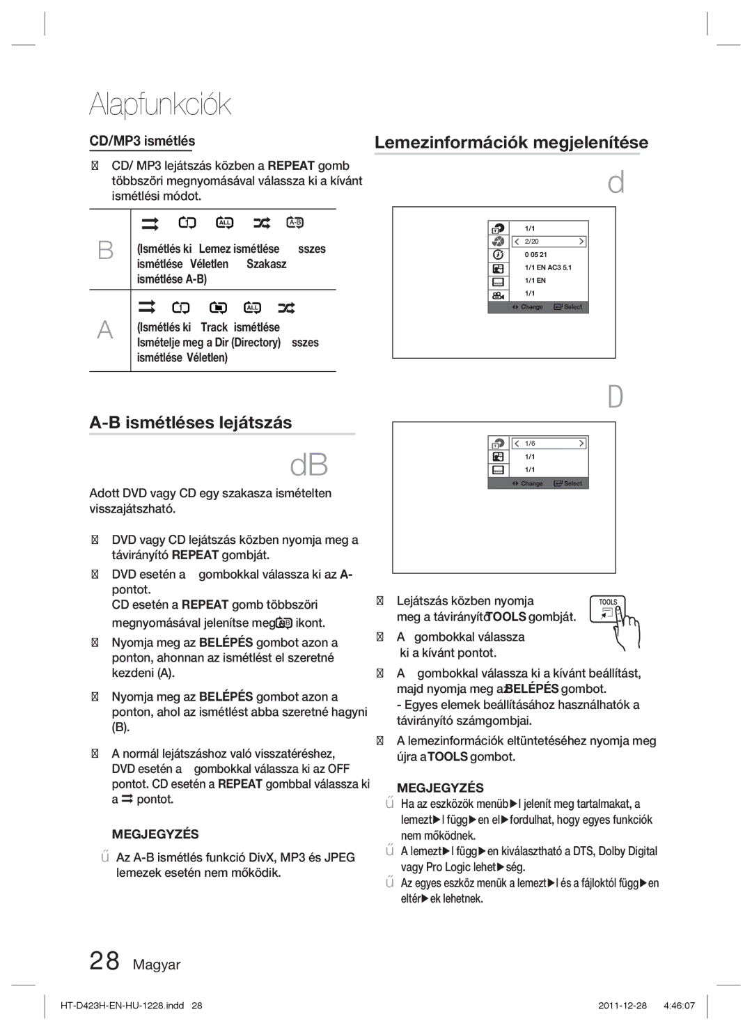 Samsung HT-D423H/XE, HT-D423H/EN manual Lemezinformációk megjelenítése, Ismétléses lejátszás, CD/MP3 ismétlés 