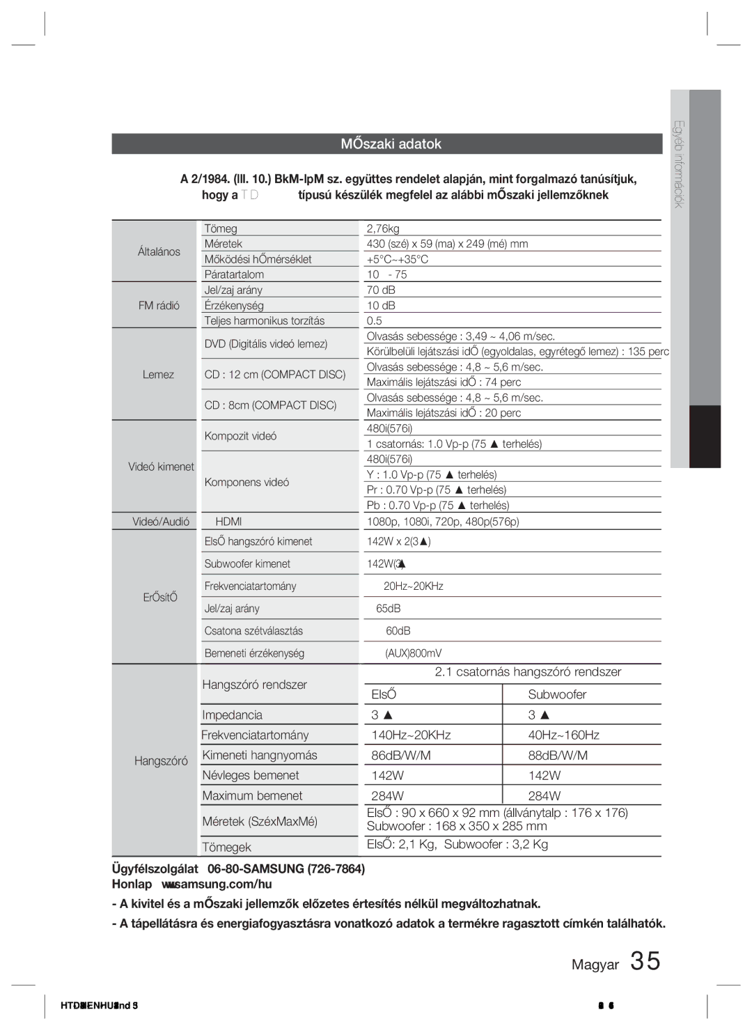 Samsung HT-D423H/EN, HT-D423H/XE manual Műszaki adatok, Tömegek, 06 Egyéb információk Általános FM rádió Lemez 