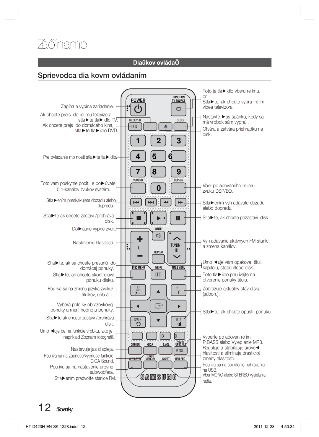 Samsung HT-D423H/EN, HT-D423H/XE manual Sprievodca diaľkovým ovládaním, Dia 