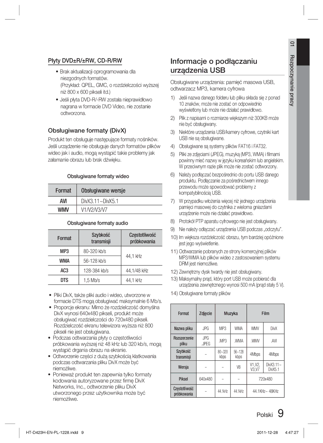 Samsung HT-D423H/XE Informacje o podłączaniu Urządzenia USB, Płyty DVD±R/±RW, CD-R/RW, Obsługiwane formaty DivX, Format 