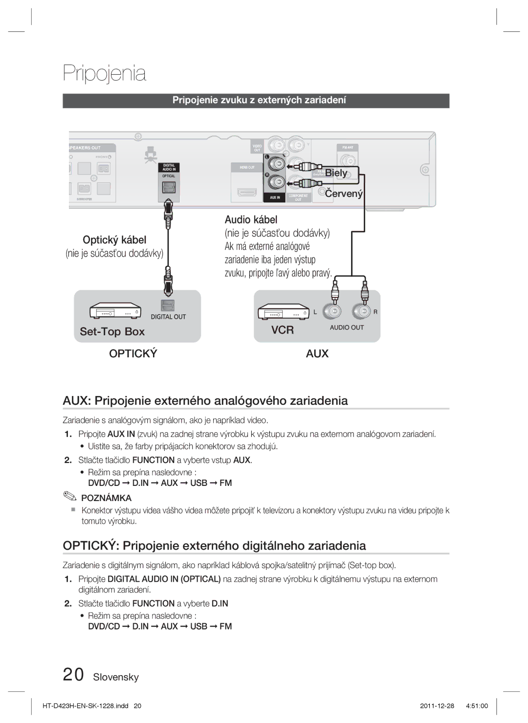 Samsung HT-D423H/EN AUX Pripojenie externého analógového zariadenia, Optický Pripojenie externého digitálneho zariadenia 