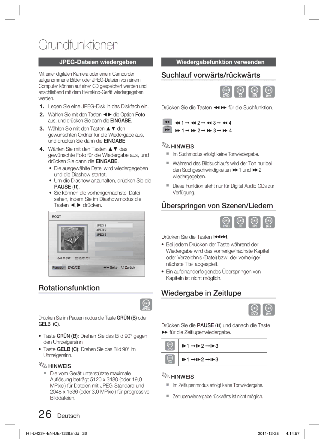 Samsung HT-D423H/EN, HT-D423H/XN manual Rotationsfunktion, Suchlauf vorwärts/rückwärts, Überspringen von Szenen/Liedern 