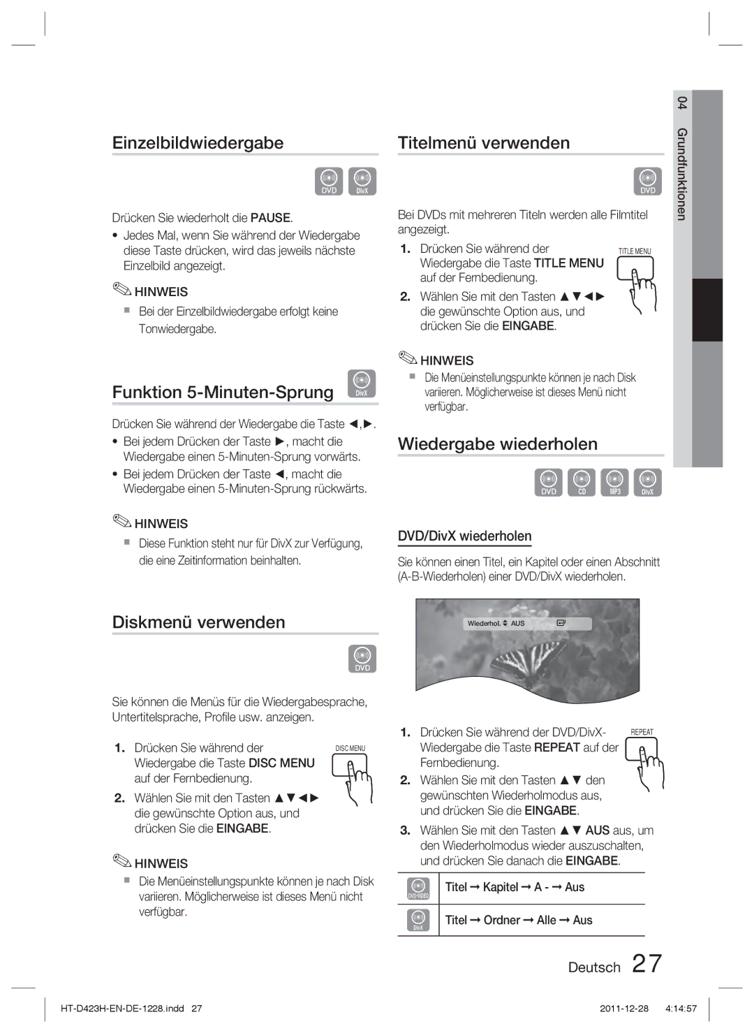 Samsung HT-D423H/XN manual Einzelbildwiedergabe, Funktion 5-Minuten-Sprung D, Diskmenü verwenden, Titelmenü verwenden 